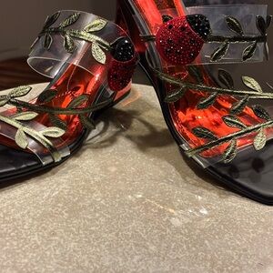 J.Renee Black Mules with Red Ladybug Embellishments and Green Leaf Detail.
